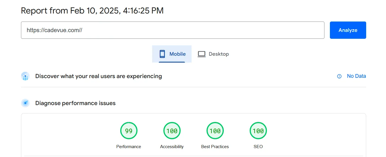 Lighthouse score of Cadevue.com (Mobile)